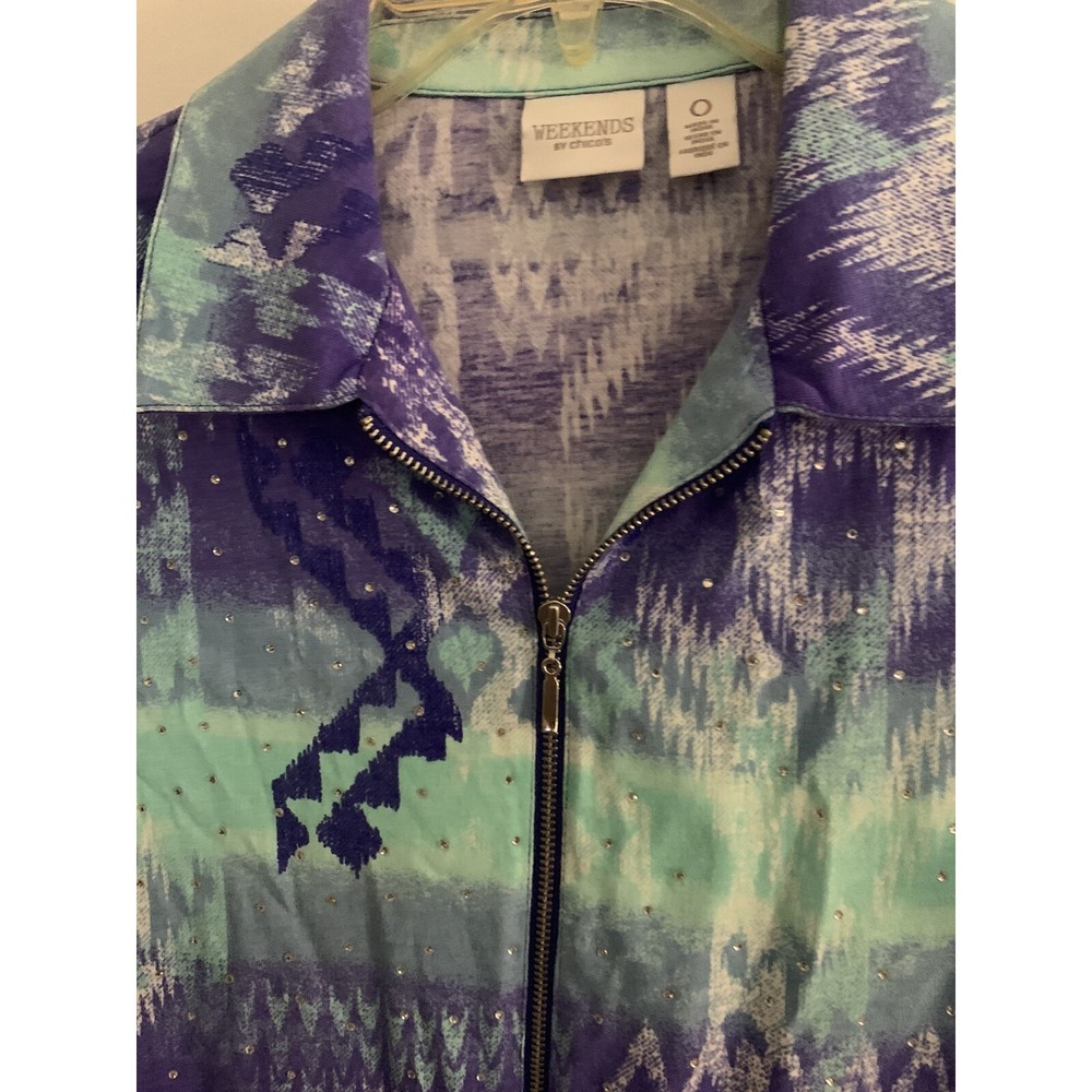Weekends by Chicos Ikat Aztec Print rhinestone zip up lightweight jacket 0 XS/Sm - Picture 3 of 5